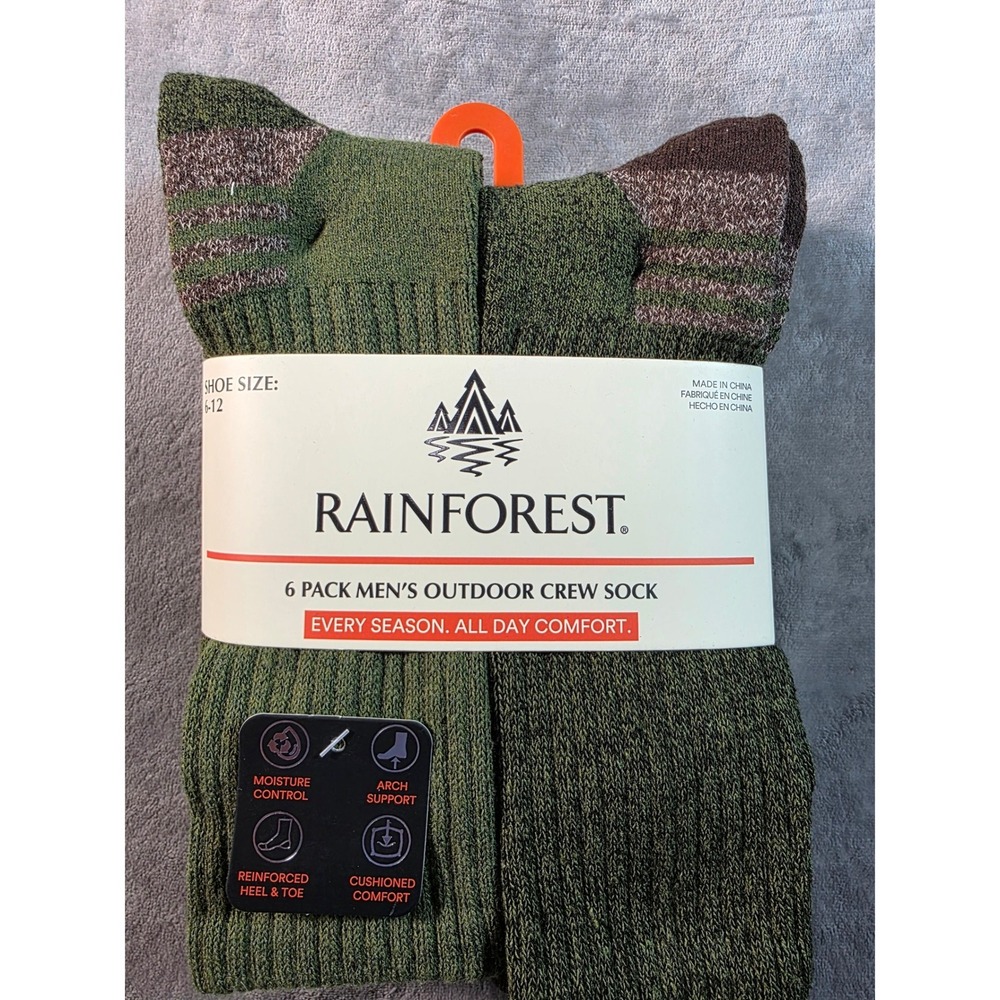 Rainforest Outdoor Crew Socks Men 6-12 Green 6 Pack Moisture Arch Support New
